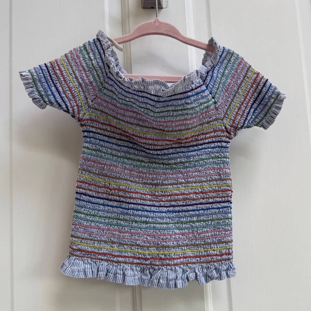 NWOT Japna XS 3T Girls Blue Rainbow Stripe Off Shoulder Short Sleeve Blouse